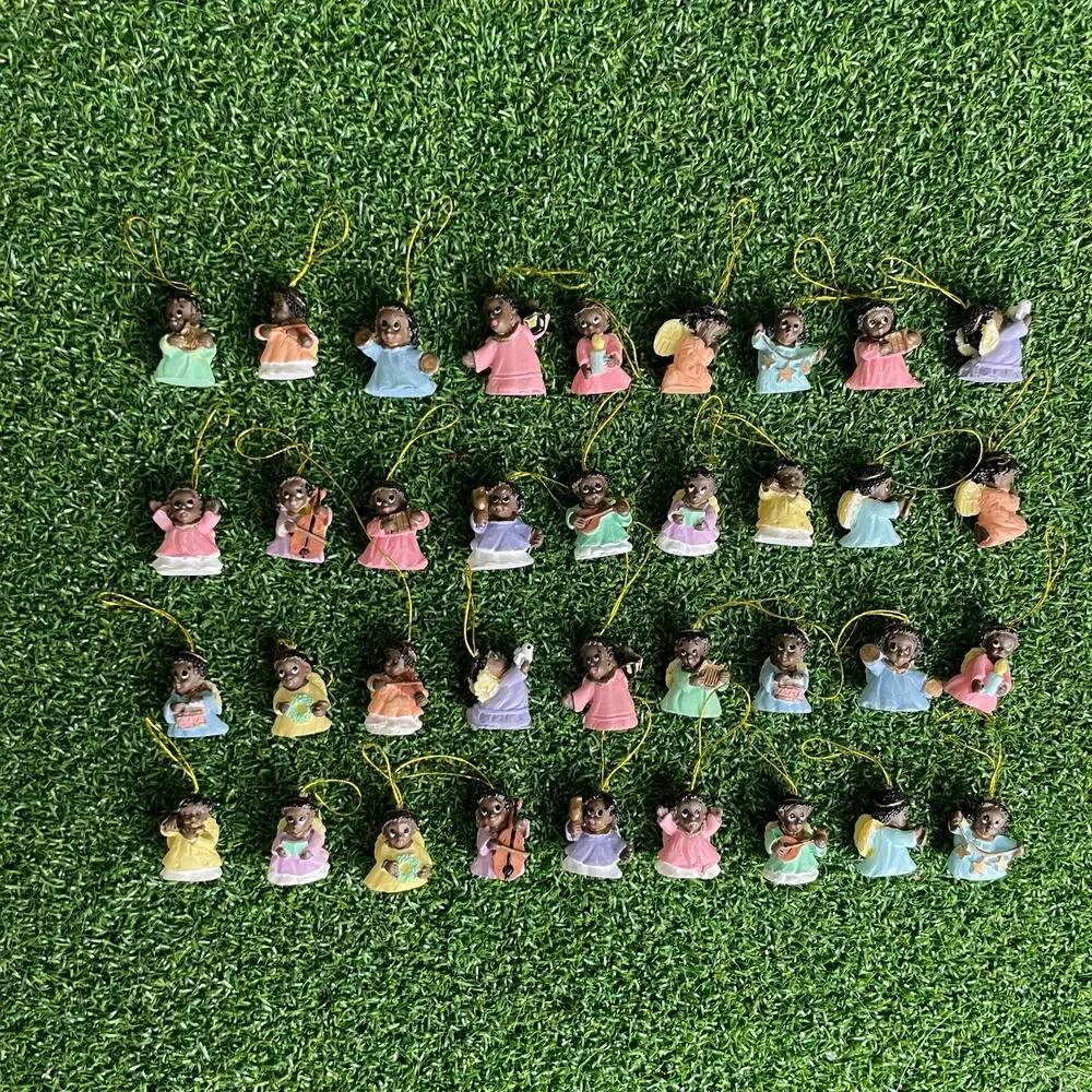 Vintage Lot Afro-American Polystone Mini Angel Christmas Ornaments